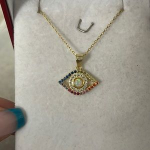 925 sterling silver yellow gold multi color evil eye pendant with opal in middle